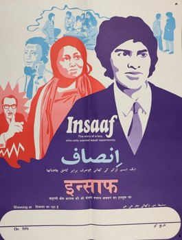 Film poster with illustrations of characters in purple and red