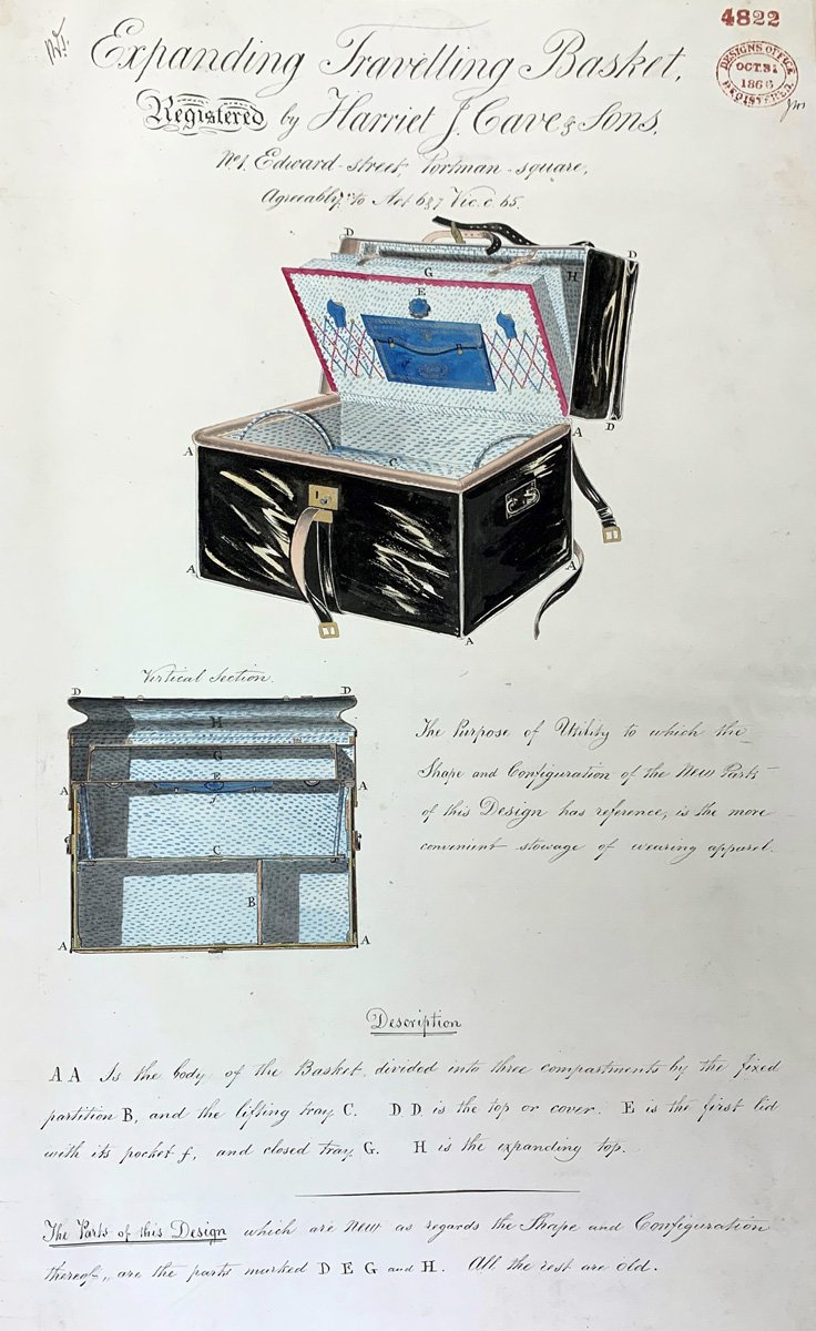 A record showing two drawings of a travel bag with writing either side explaining the product.