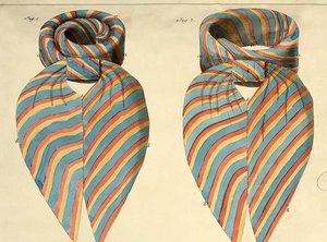 A diagram of a colourful striped necktie alongside a curled piece of metal.