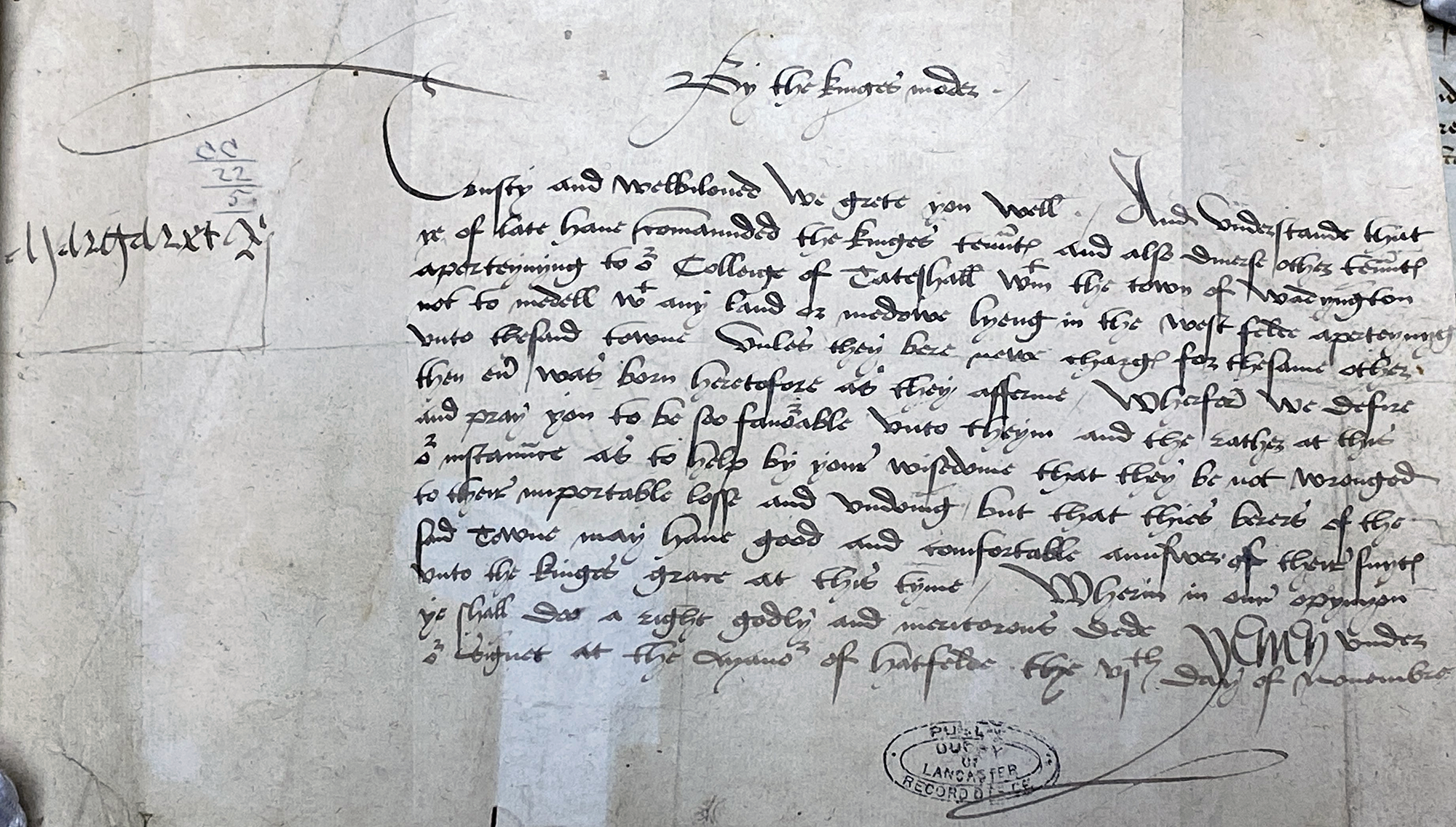 A medieval document handwritten and signed by 'Margaret R', 'By the King’s Mother'.