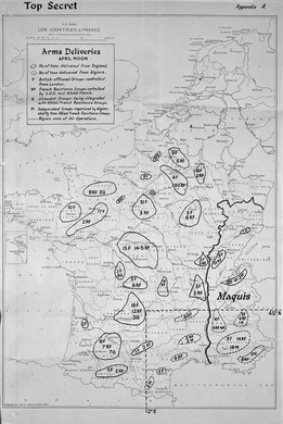 Map of France with a few dozen areas circled and coded to show information.