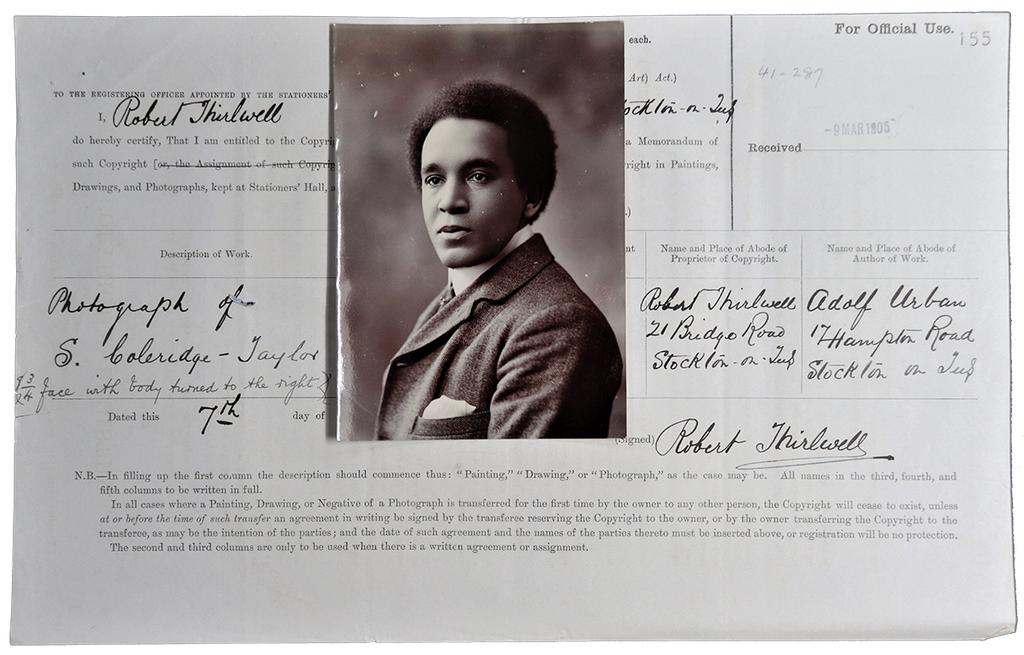 An official form with a black and white photograph attached of Coleridge-Taylor smartly dressed.