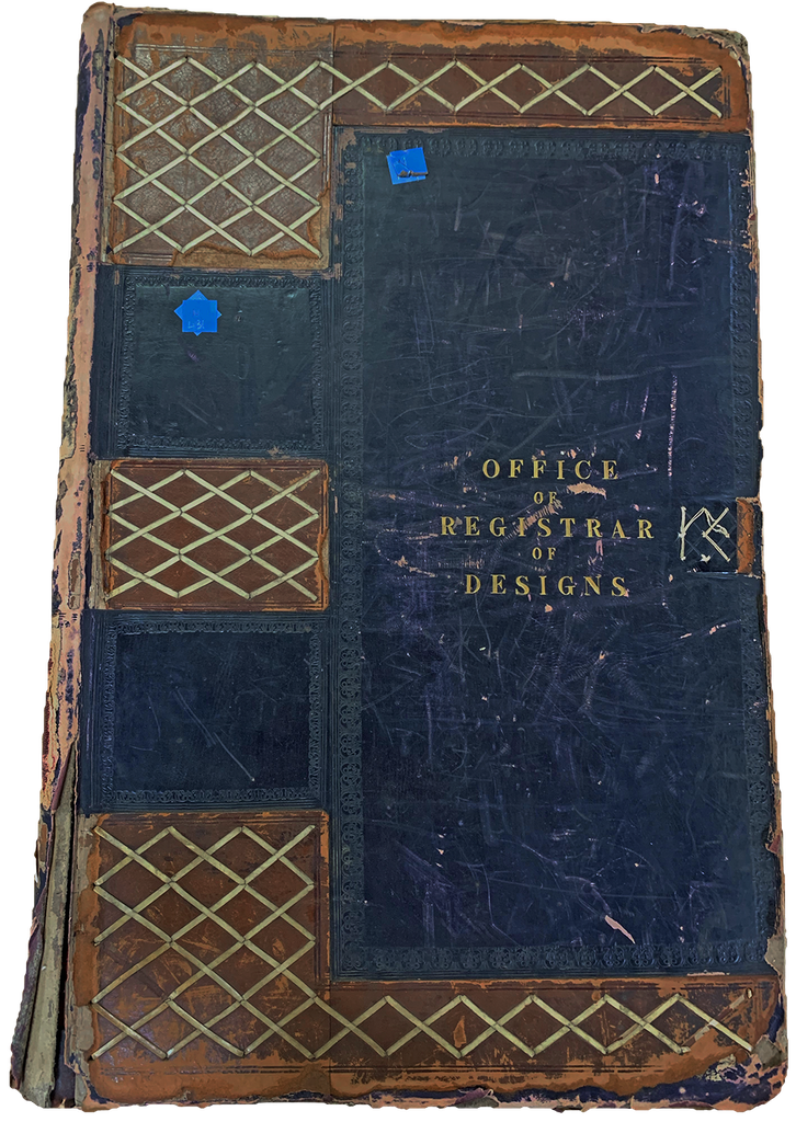 The cover of a blue book, titled Office of Registrar of Designs.