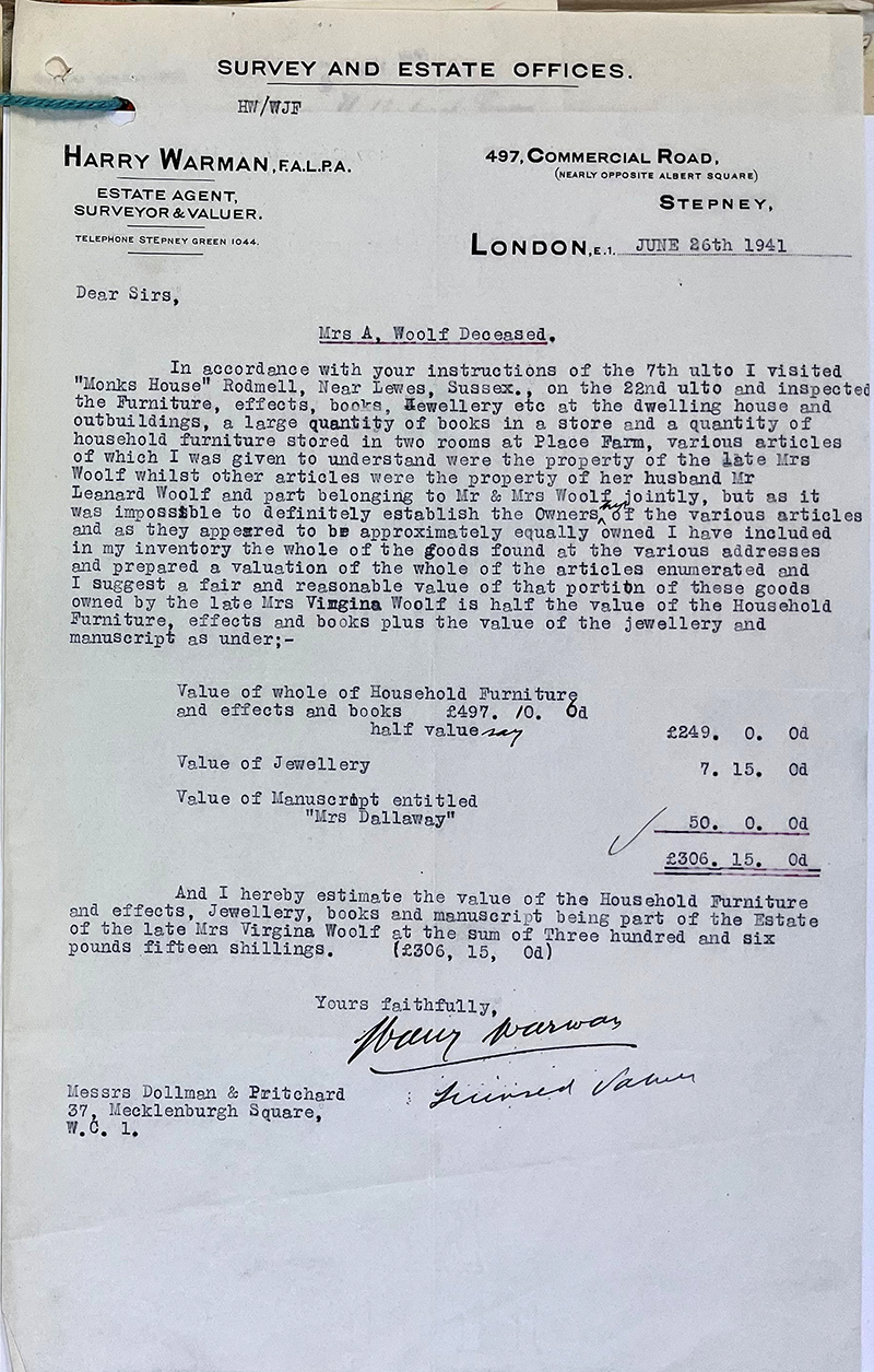 Typed letter headed 'Harry Warman, Estate Agent, Surveyor and Valuer'.