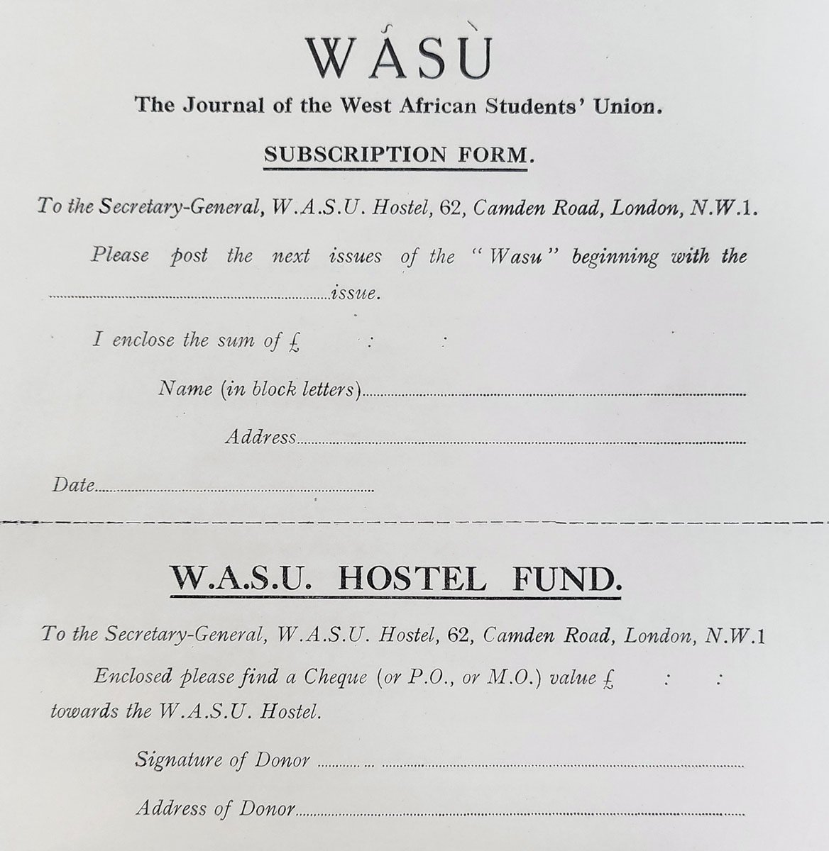 Two forms, one to subscribe to the WASU journal and another to donate to the WASU Hostel fund.