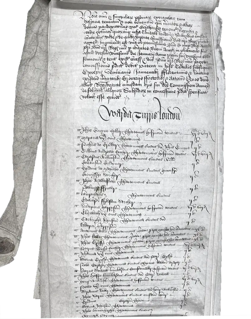 Latin writing on a long parchment, main focus is a list of names.