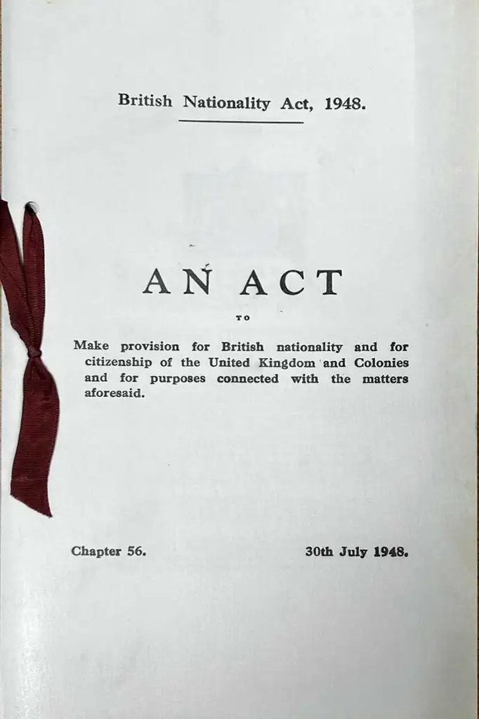 Cover of a Parliament paper bound with a red ribbon, titled 'British Nationality Act, 1948.'