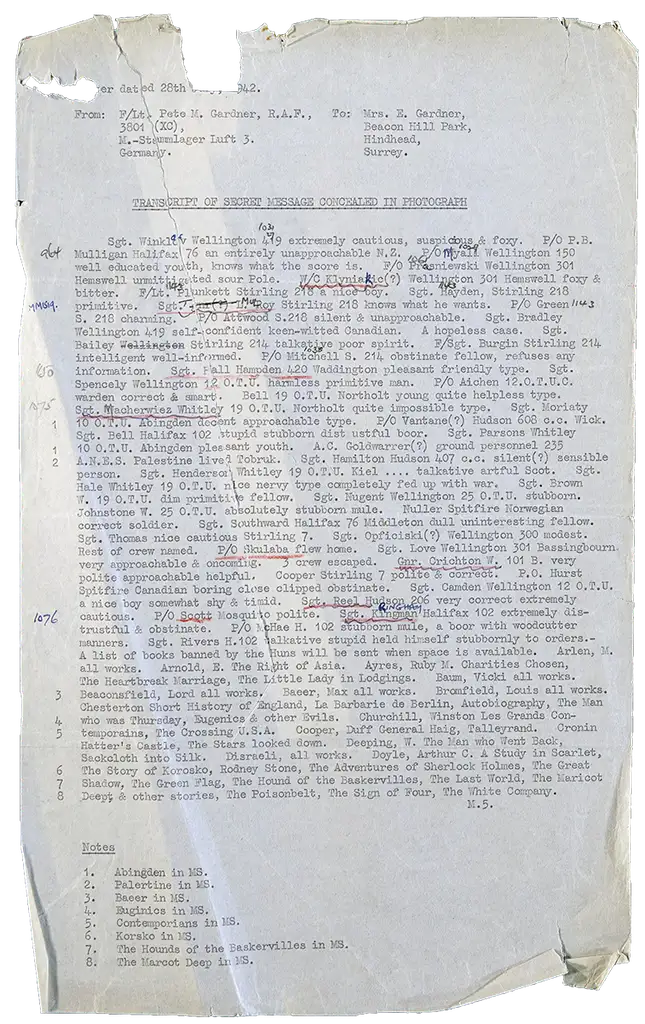 A typed transcript of a concealed letter sent to British Intelligence Services.