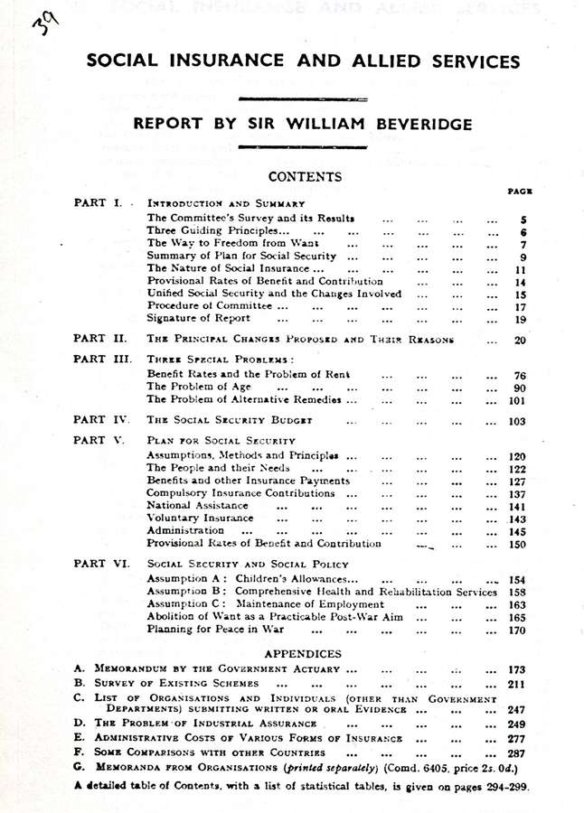 The contents of a document titled 'Social insurance and allied services'.