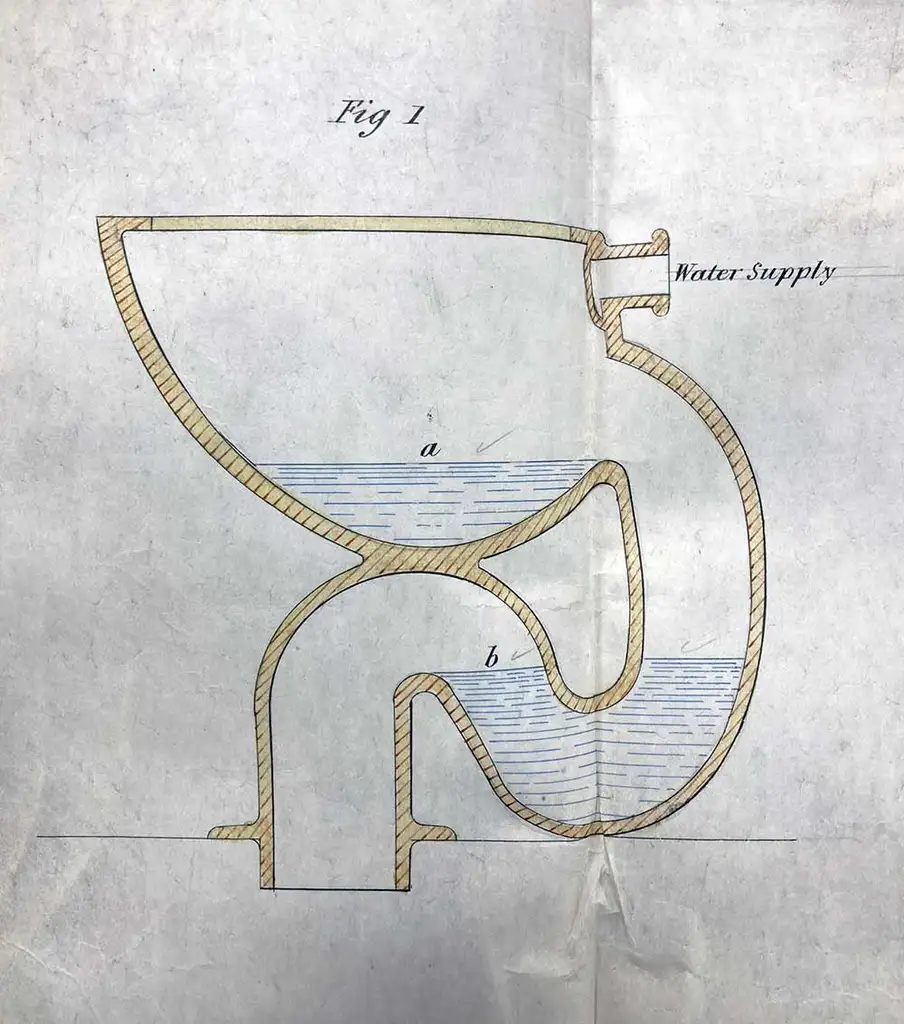 A cross section of a toilet in a recognisable design. There is water in the bowl and u-bend