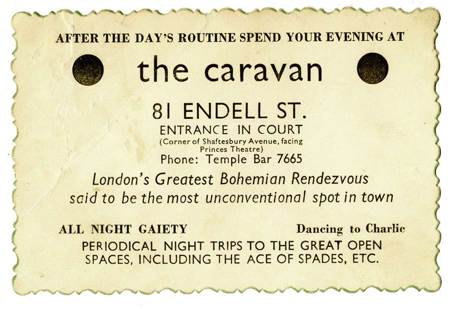 A cream card with decorative edge for the Caravan Club at 81 Endell St