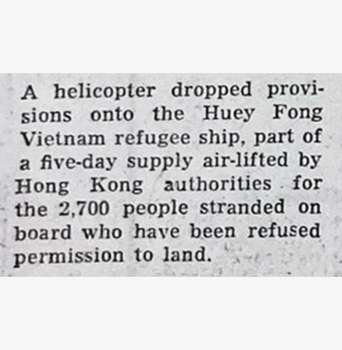 A Guardian newspaper article with an image of a helicopter dropping goods onto the Huey Fong.