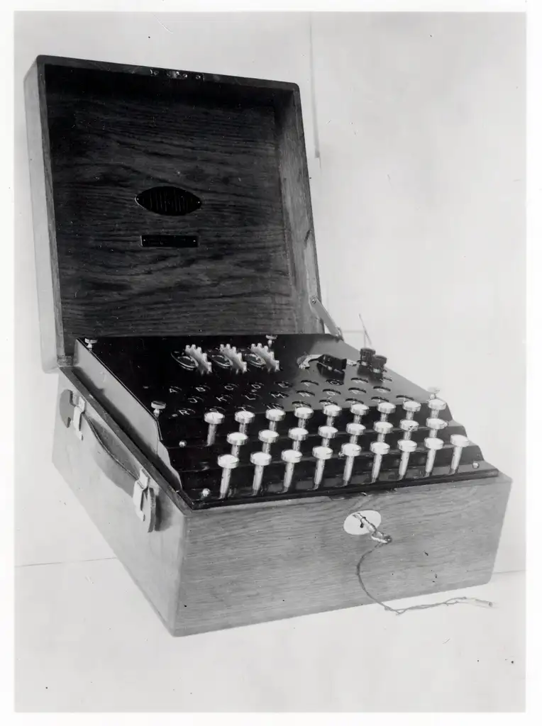 The Enigma machine, which looks similar to a typewriter.