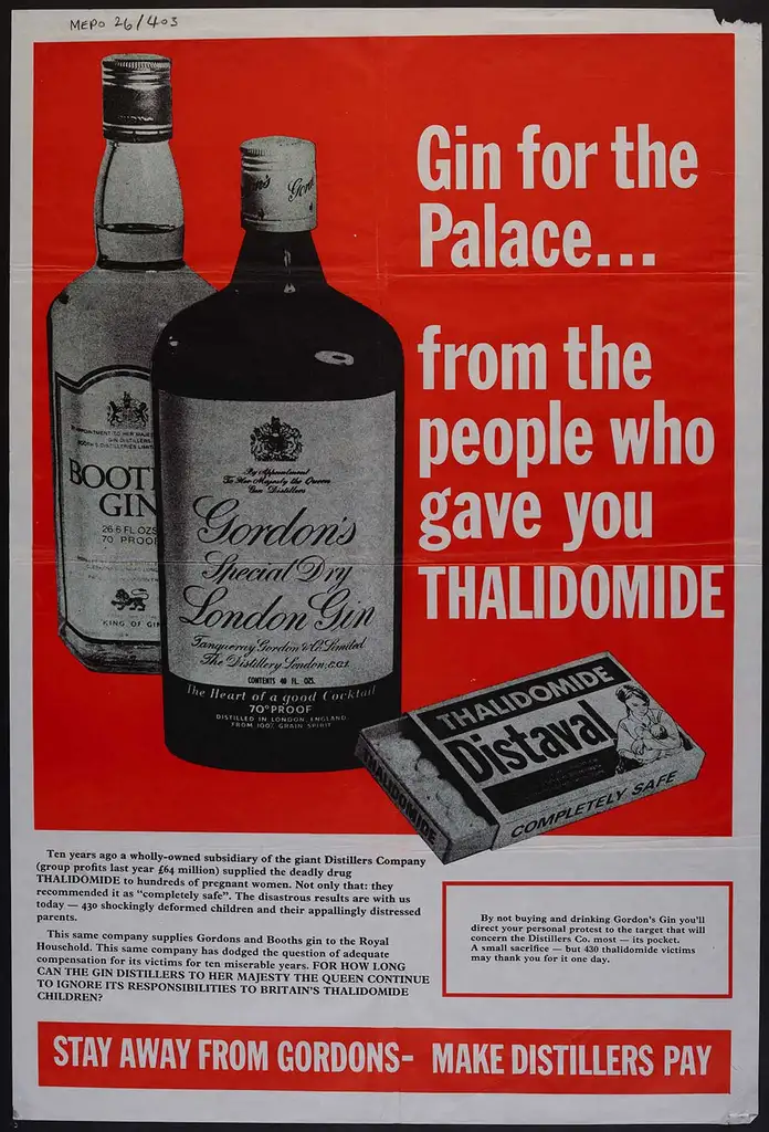 A poster urging people to boycott Gordon's and Booth's for their connection to Distillers Company.