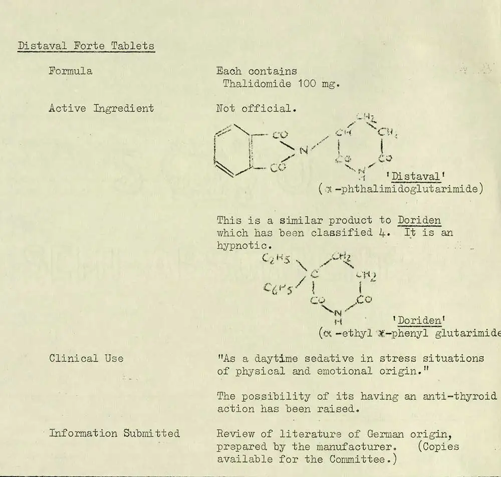 A typed document with a molecular diagram of a drug, describing the contents and use of thalidomide.