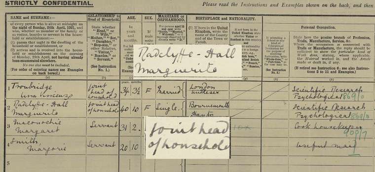 Photograph of black and white handwritten 1921 Census record of Marguerite Radclyffe-Hall