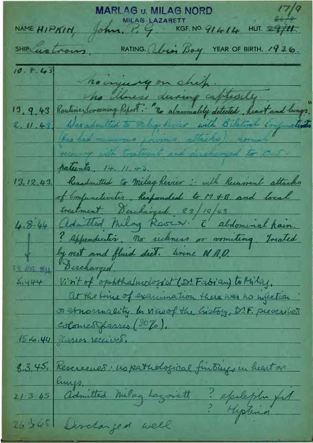 A handwritten document detailing dates and events in relation to John Hipkin's health.