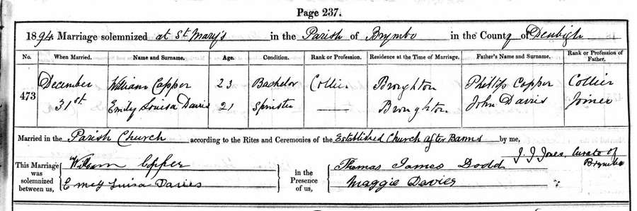 A filled out form detailing the marriage of Emily Louisa Davis and William Capper.