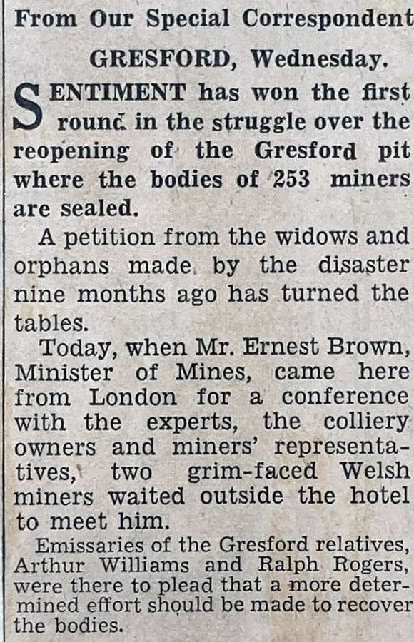 A newspaper clipping from 'Gresford' written by 'From Our Special Correspondent'.