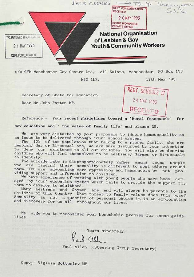 A typed letter on paper headed with a logo of pink and black triangles.