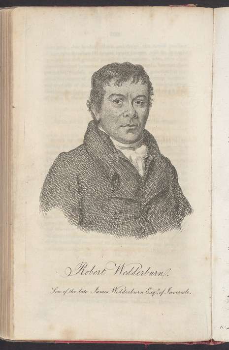 A page of an old book with an engraved head and shoulders portrait of a man