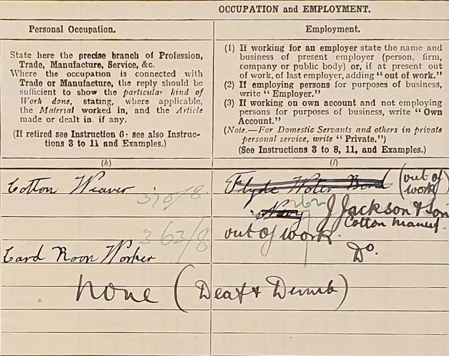 Two columns from Ivy's census form marked 'Occupation and employment', filled in in black ink.