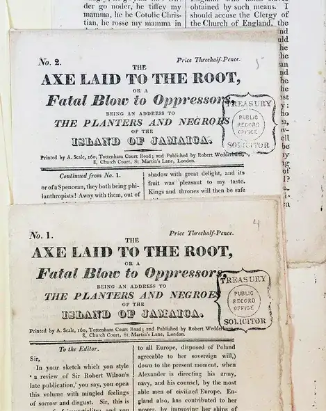 Two copies of the front page of The Axe Laid to the Root, volumes 1 and 2.