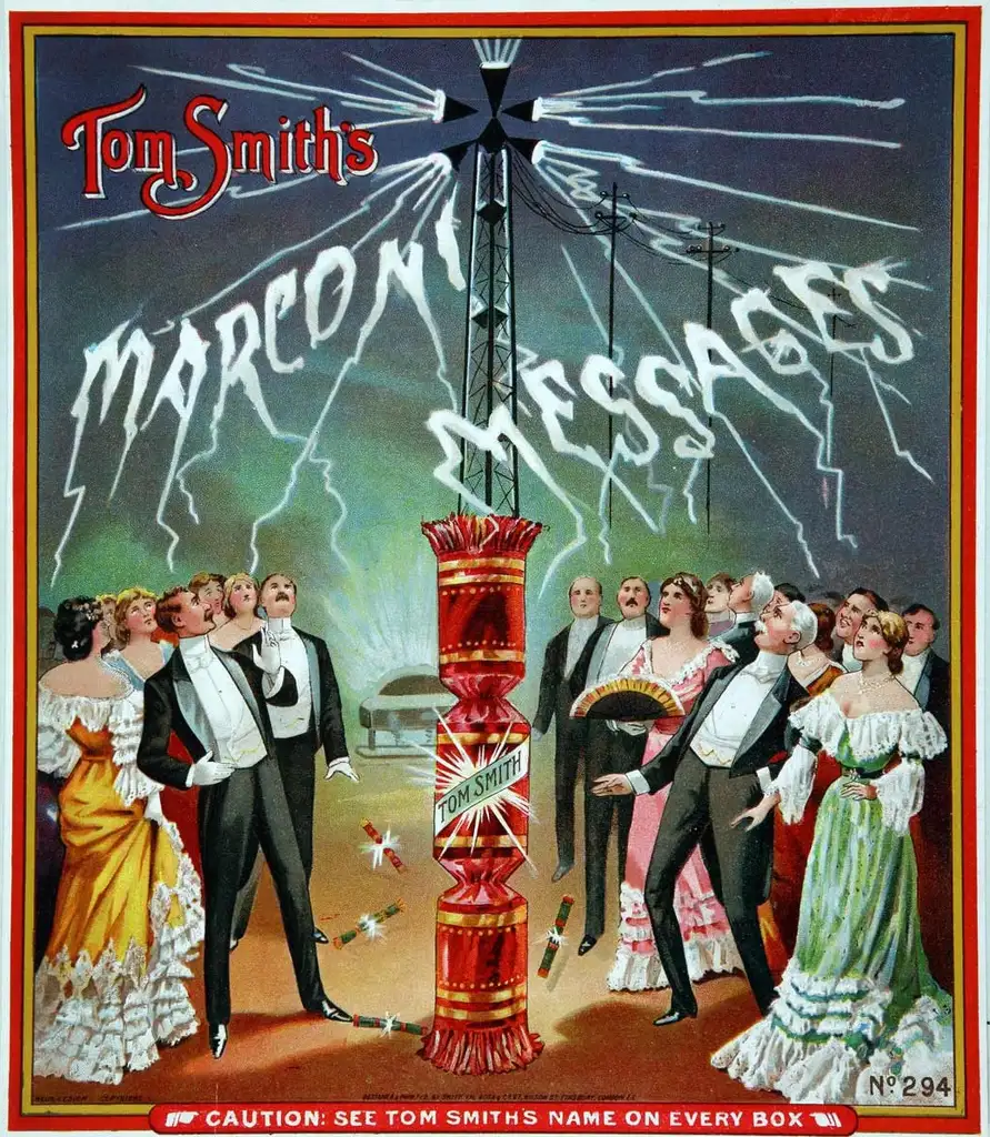 A group of well-dressed partygoers stare up at a telecoms tower encased in a Christmas cracker.