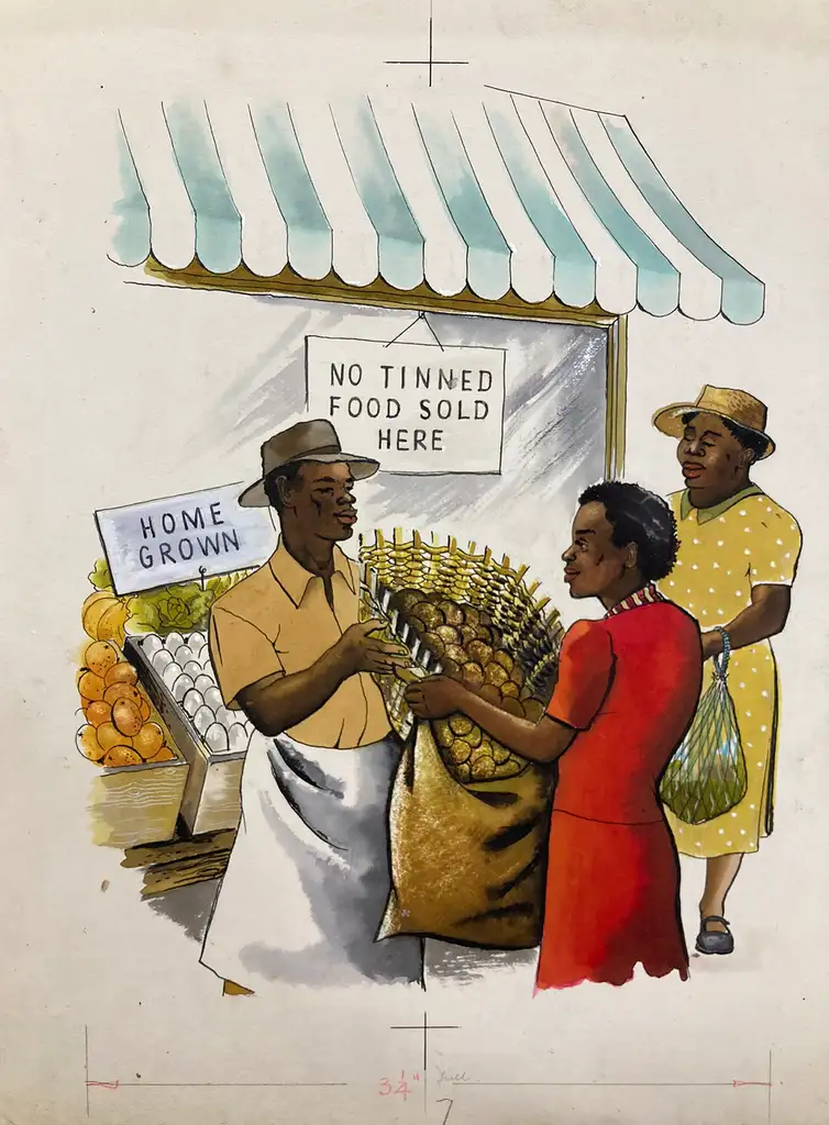 Colourful painting of two smiling women in dresses buying vegetables from the front of a shop.