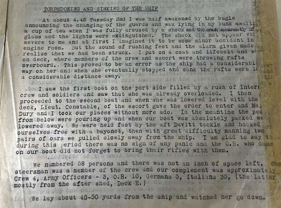 Typewritten, first-person account of Captain Robertson's experience on board the ship.