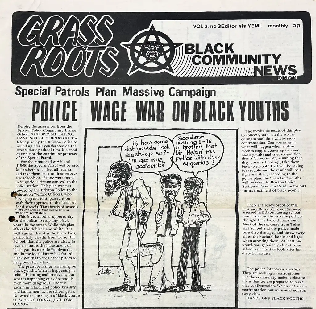 The front page of volume 3 of Grass Roots newspaper, there is a cartoon under 'Black Community News'