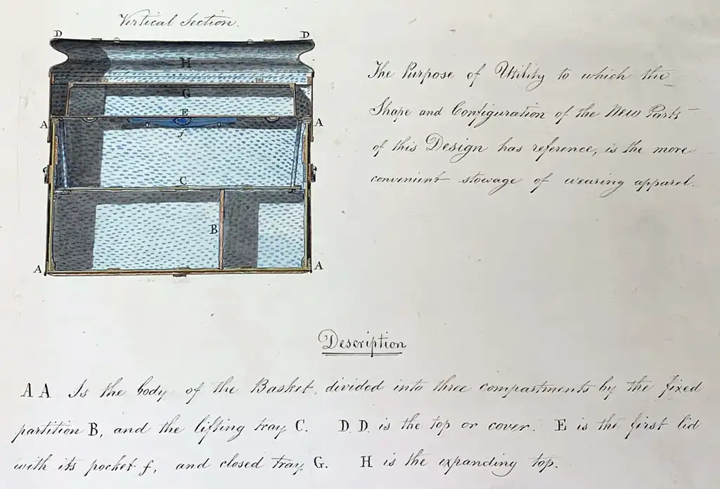 A drawing of the vertical side of a extendable travelling basket with writing besides and under it.