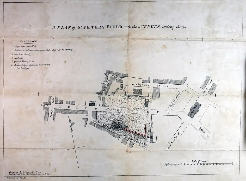 A diagram of an area of a city. Peter Street runs through the middle