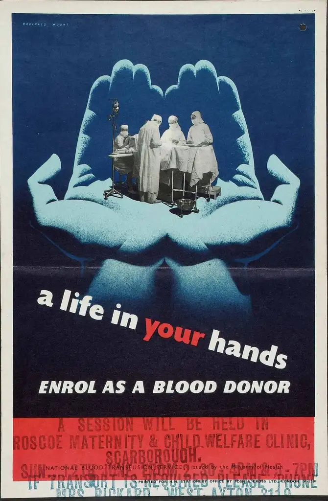 Surgeons operate on a patient within a huge pair of hands above the words 'a life in your hands'.