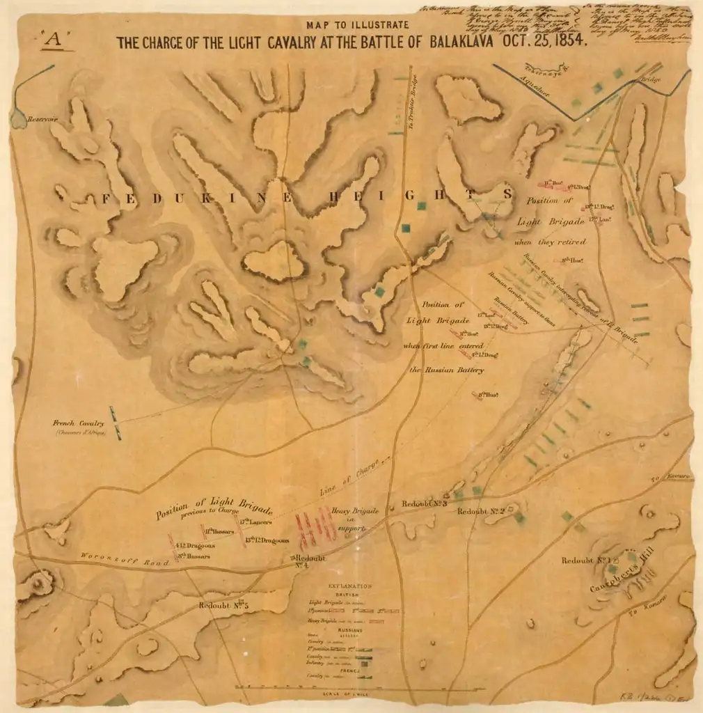 Map showing mountains and roads, with the Light Brigade marked in pink and Russian forces in green.