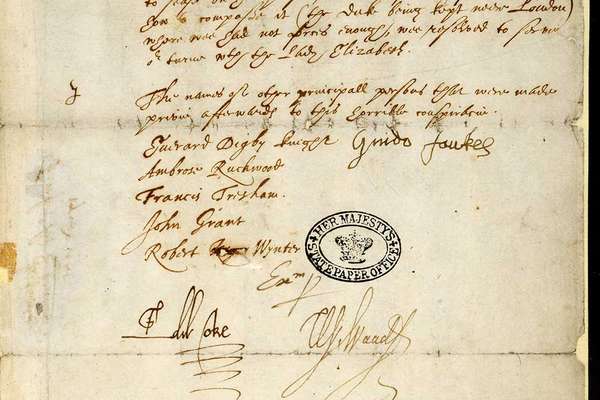 A handwritten document with a number of signatures, including one that reads 'Guido Fawkes'