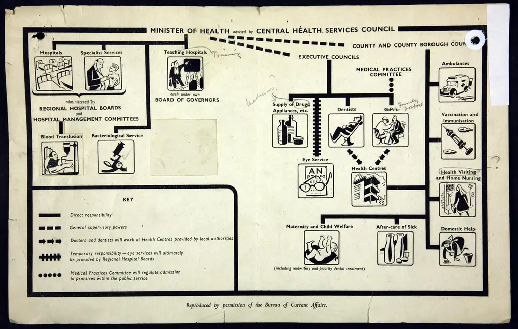 A flow chart showing the responsibilities at each stage the NHS starting with the minister.
