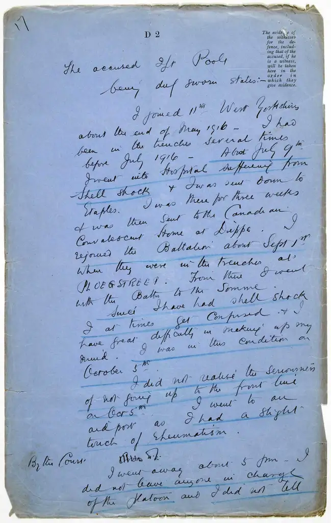 Handwritten note on blue paper starting 'I joined 11th West Yorkshire about the end of May 1916'.