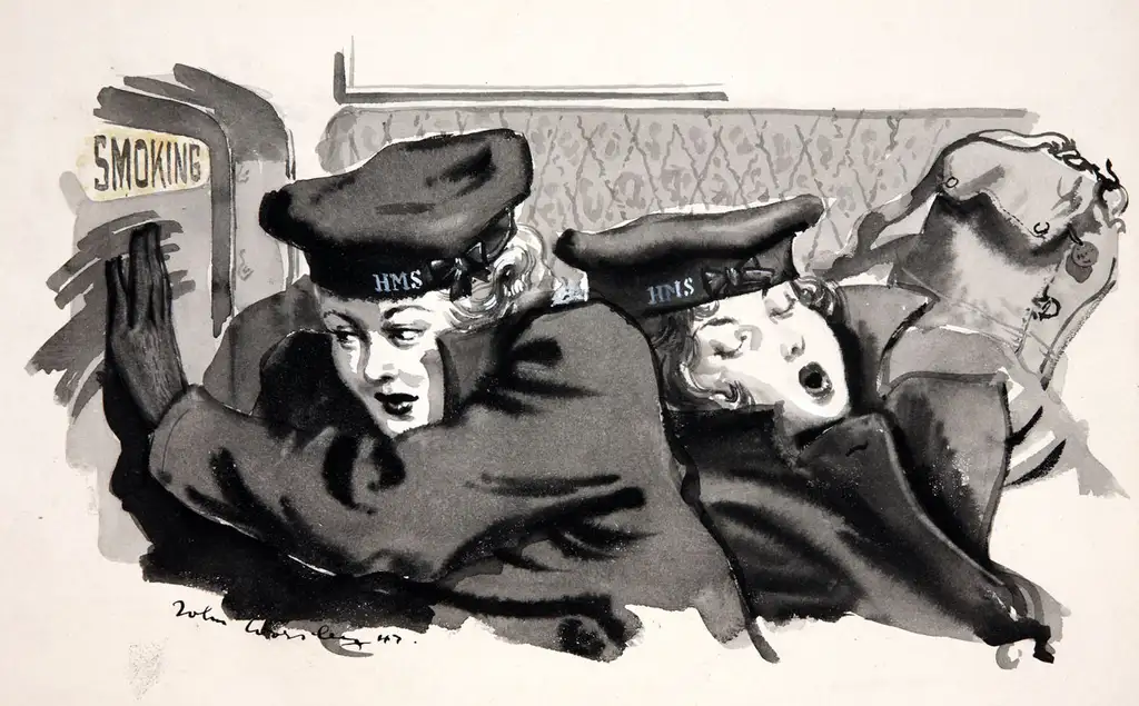 Two women in uniform seated in a train compartment. One looks out the window the other is sleeping.