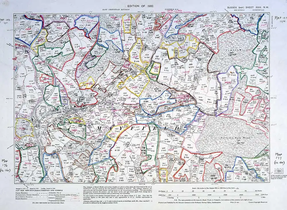 A map of an area which has been divided up into sections with coloured outlines