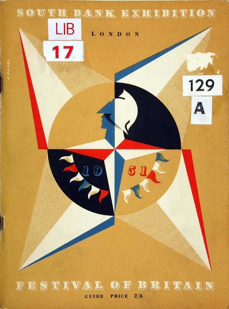 A brown paper booklet with the helmet-headed logo surrounded by four stylish coloured points on it.