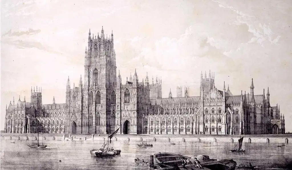 A drawing of a large gothic building with a tall tower in the centre on the banks of the Thames