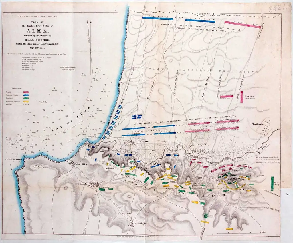 Map with a river marked in blue and columns of troops marked in blue, pink, yellow and green.