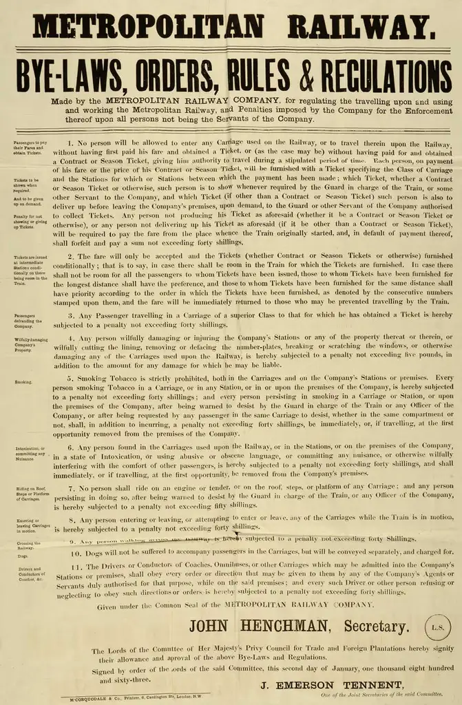 A poster titled 'Bye-laws, orders, rules and regulations' with a list of rules for passengers.