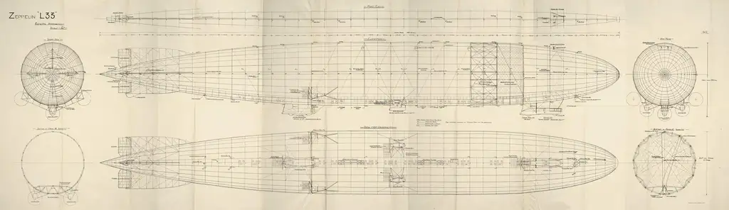 7 diagrams on one sheet of paper of a Zeppelin from different angles.