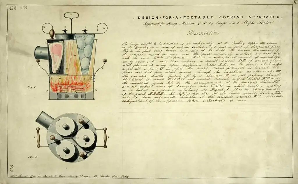 A diagram of a pork chop and some eggs contained in compartments of a fire-filled metal stove.