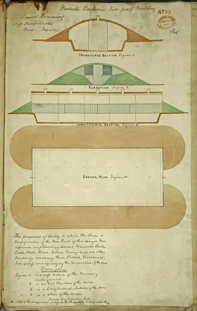 Various views of a peculiar building that looks curved like a hill.