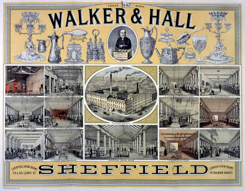 Yellow poster showing a range of manufactured goods and different crafts happening in rooms.