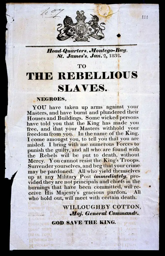 A proclamation with the heading 'To The Rebellious slaves' has Coat of arms of the United Kingdom.