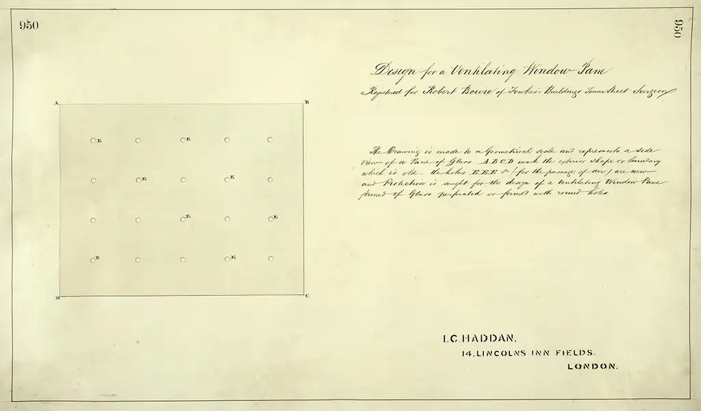 A diagram of a rectangle of glass, evenly perforated with small holes.